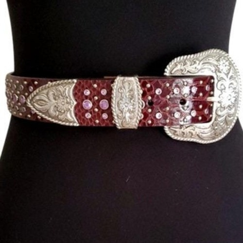 Ariat Burgundy Leather Belt 28 Lavender Crystal Reptile Print Silver Tone Buckle
